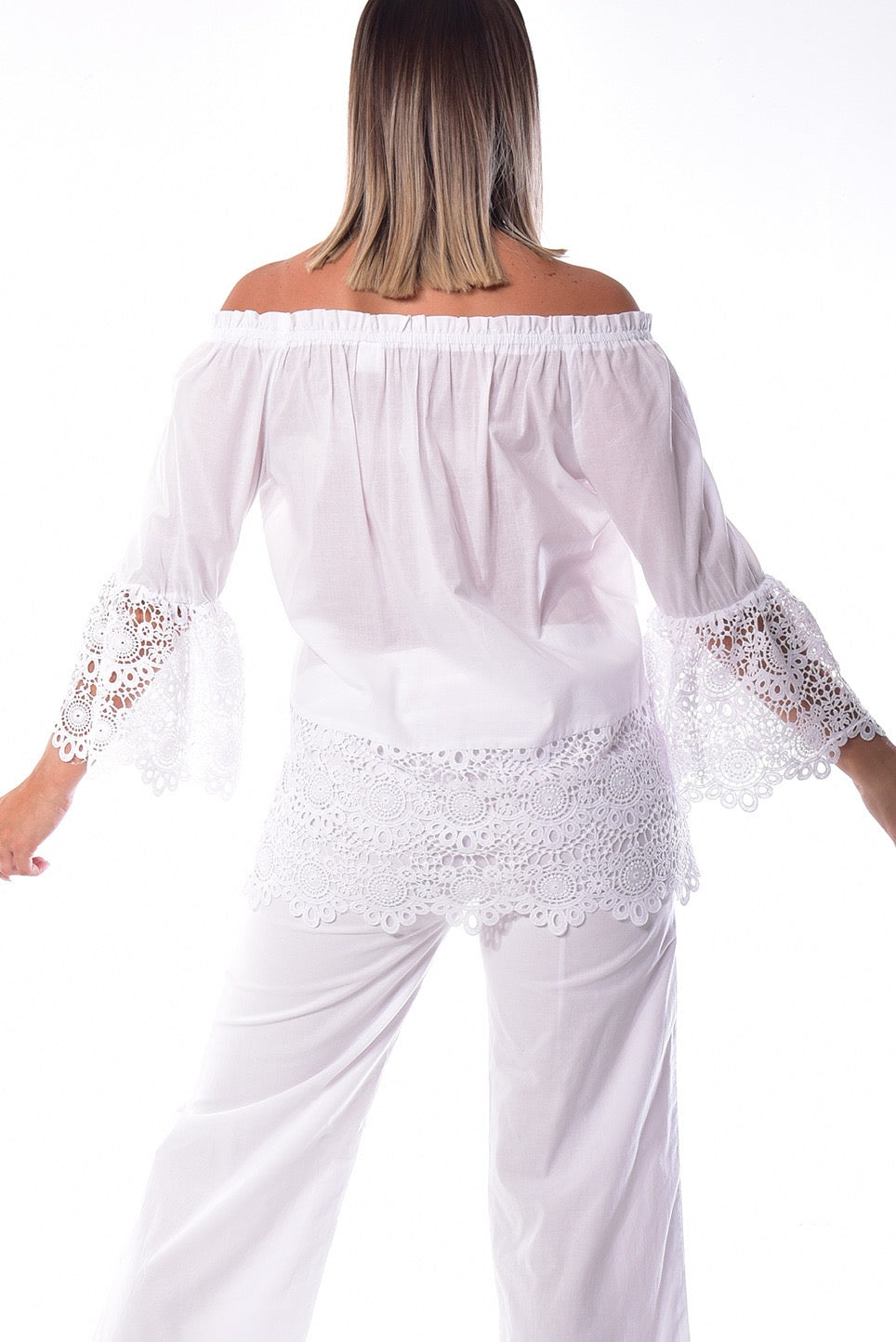 White Off-Shoulder Crochet Lace Blouse – Elegant Resort Style Top - LRPB947 - Casual Tropical Wear
