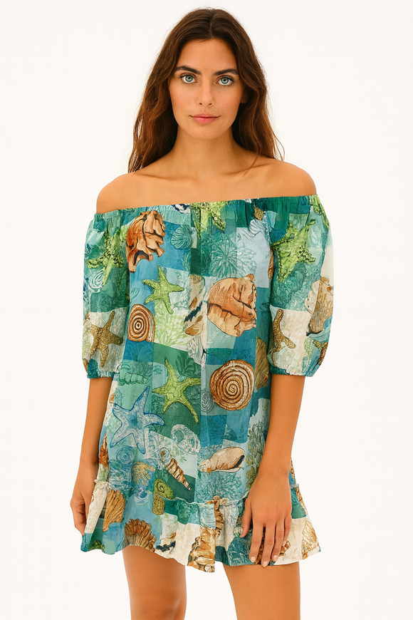 Seashell & Starfish Off-Shoulder Cotton Dress – 100% Cotton Beach Cover-Up - LCD3601