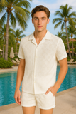 Men’s 2-Piece Crochet Cotton Set – Short Sleeve Button-Up Shirt & Matching Shorts (Available in Natural & White) - MSH3713