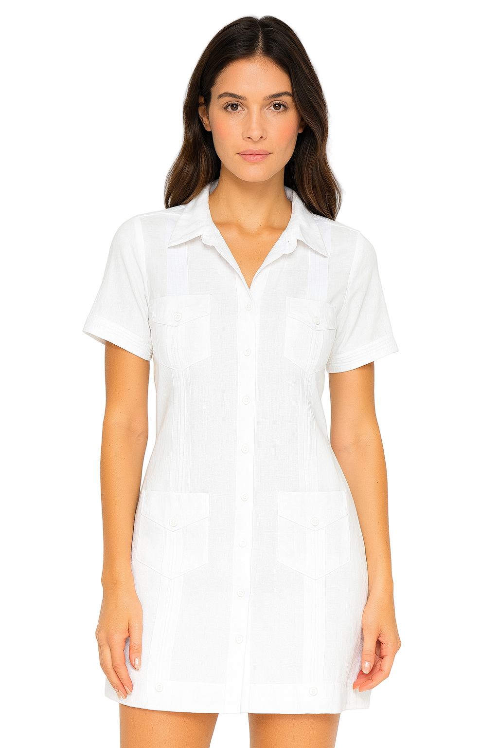 Ladies 100% Soft Linen Traditional (4) Pocket Guayabera Dress in (5) Colors