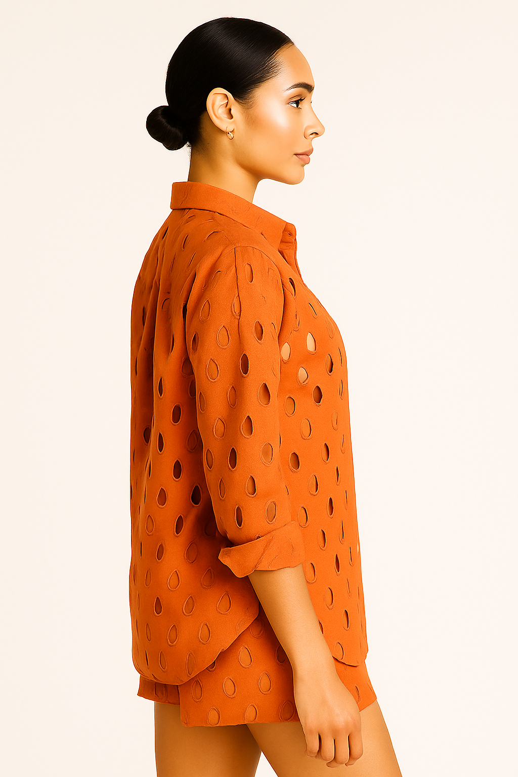 Women's 2-Piece Embroidered Eyelet Set – Button-Up Shirt & Shorts (White, Navy, Orange) - LCS3719 - Casual Tropical Wear