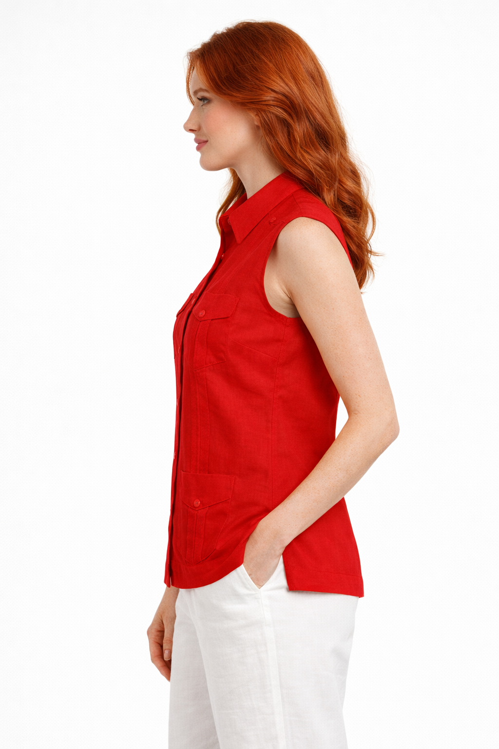 Azucar Ladies 100% Soft Linen Traditional (4) Pocket Guayabera Blouse in (5) Colors- LLGB3006 - Casual Tropical Wear