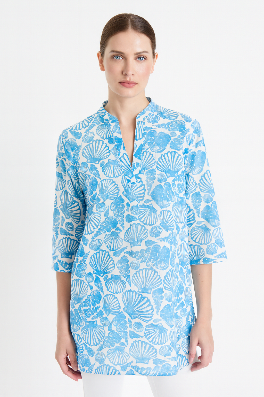 Blue Seashell Print Cotton Tunic – 100% Cotton Beach Cover-Up, Blouse or Dress - LCT3589 - Casual Tropical Wear