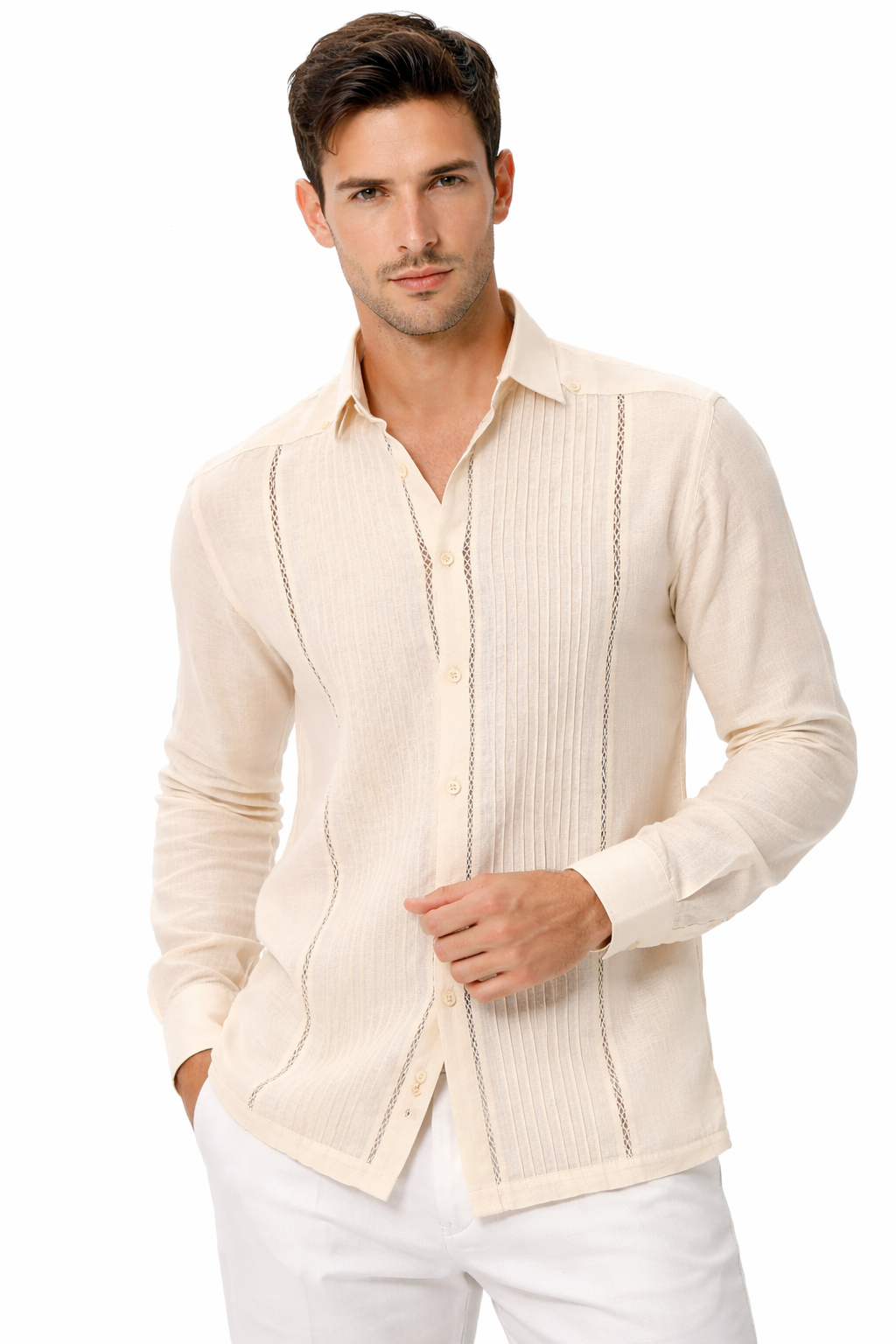 Bohio Men’s 100% Linen Pleated Long Sleeve Shirt | Lightweight Button-Up | Red & Natural - Casual Tropical Wear