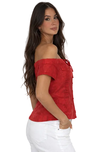 Women's Off-Shoulder Guayabera Linen Top – 100% Linen Button Front Summer Blouse | Resort & Vacation Wear | Available in 5 Colors- LLGB3007 - Casual Tropical Wear