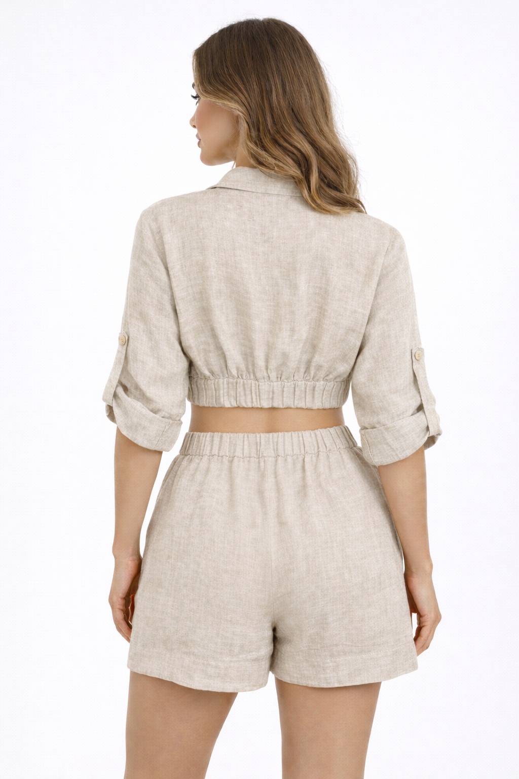 Women’s 100% Linen Tie-Front Button-Up Top – Natural & White - LLWB3739 - Casual Tropical Wear