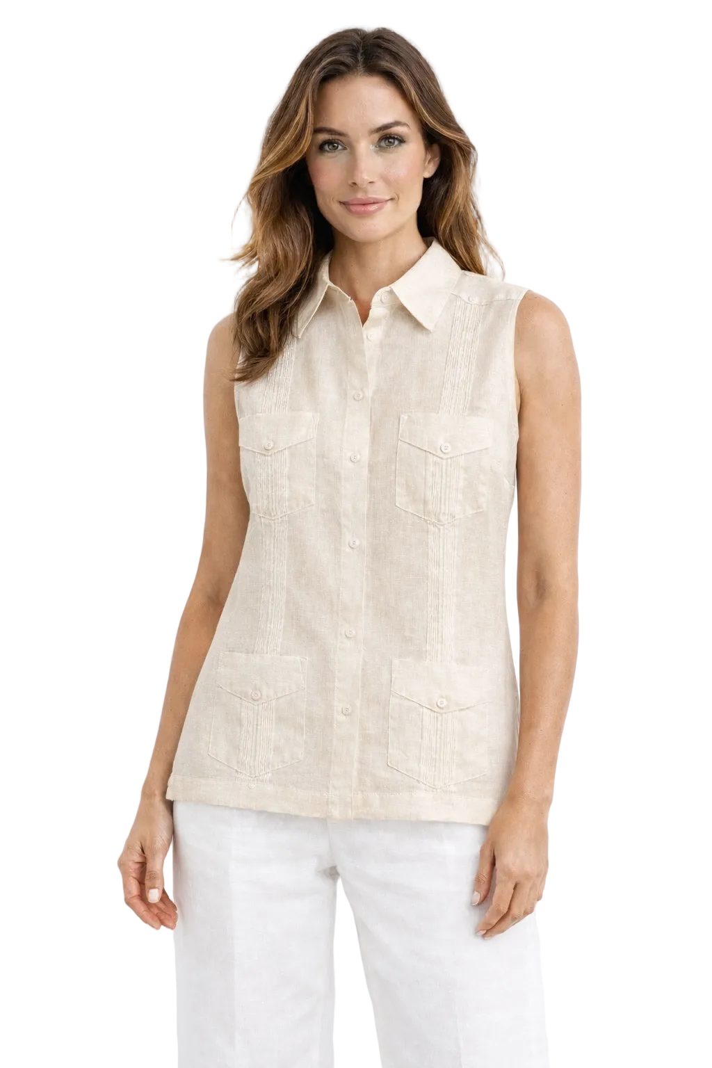 Azucar Ladies 100% Soft Linen Traditional (4) Pocket Guayabera Blouse in (5) Colors- LLGB3006 - Casual Tropical Wear