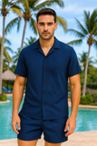 Men’s 2-Piece Textured Polyester Set – Short Sleeve Button-Up Shirt & Matching Shorts - MSH3714