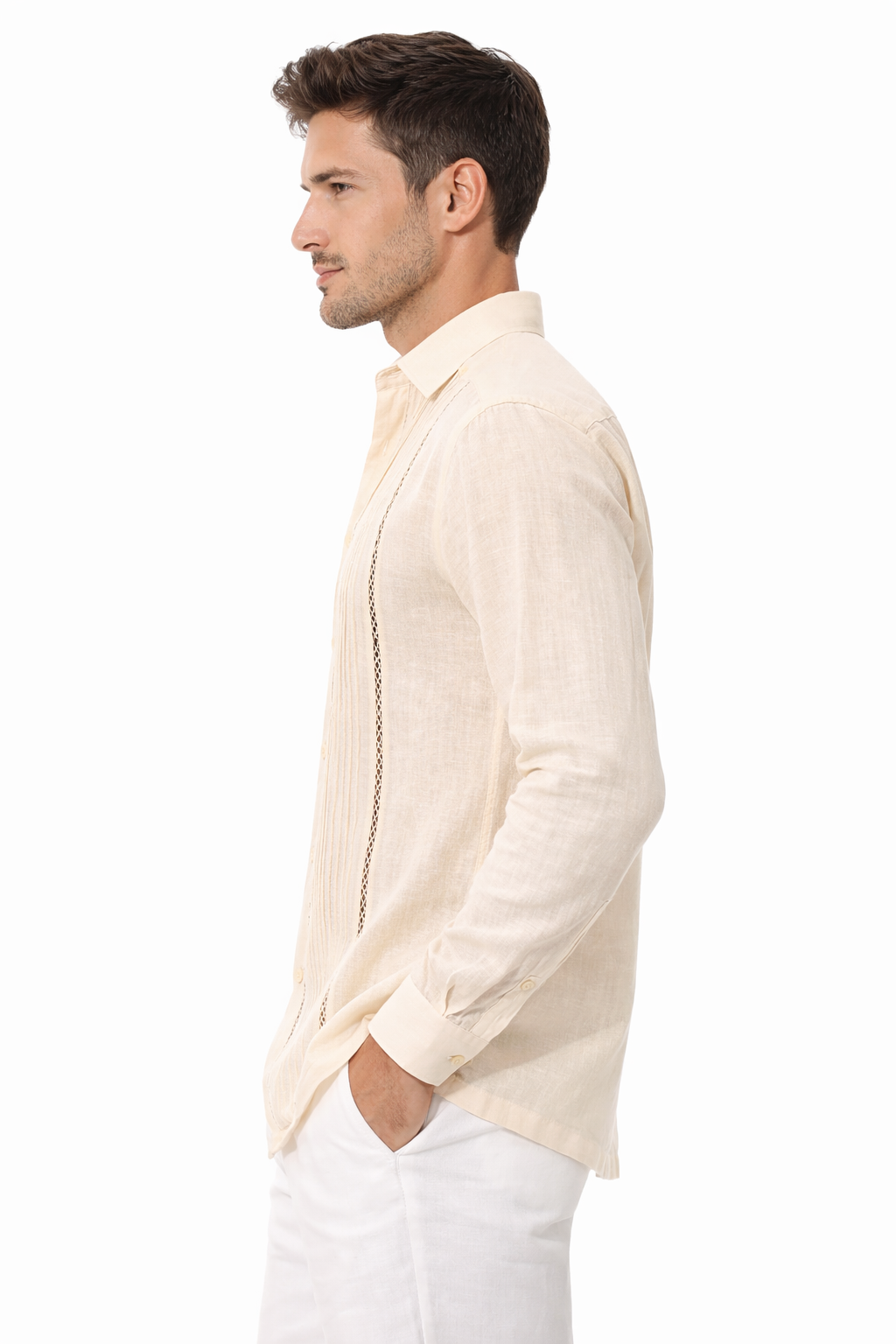 Bohio Men’s 100% Linen Pleated Long Sleeve Shirt | Lightweight Button-Up | Red & Natural - Casual Tropical Wear