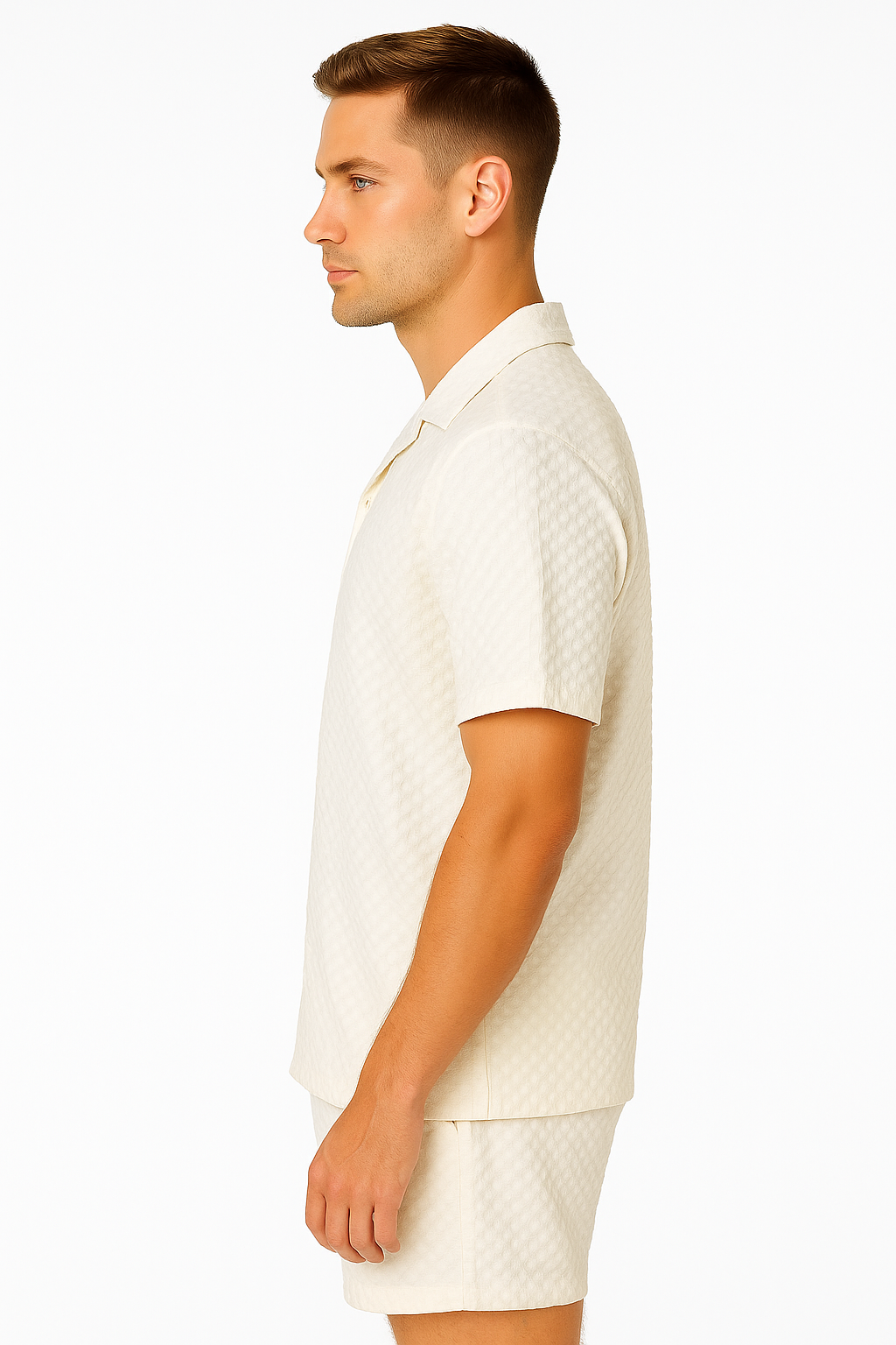 Men’s 2-Piece Textured Polyester Set – Short Sleeve Button-Up Shirt & Matching Shorts - MSH3714 - Casual Tropical Wear