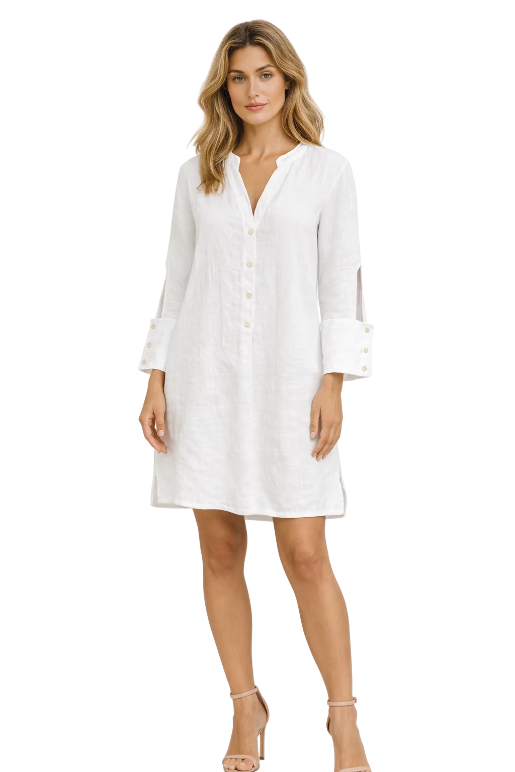 Women’s Linen Shirt Dress – Lightweight Button-Front Dress in White & Pink - LLWD3733 - Casual Tropical Wear