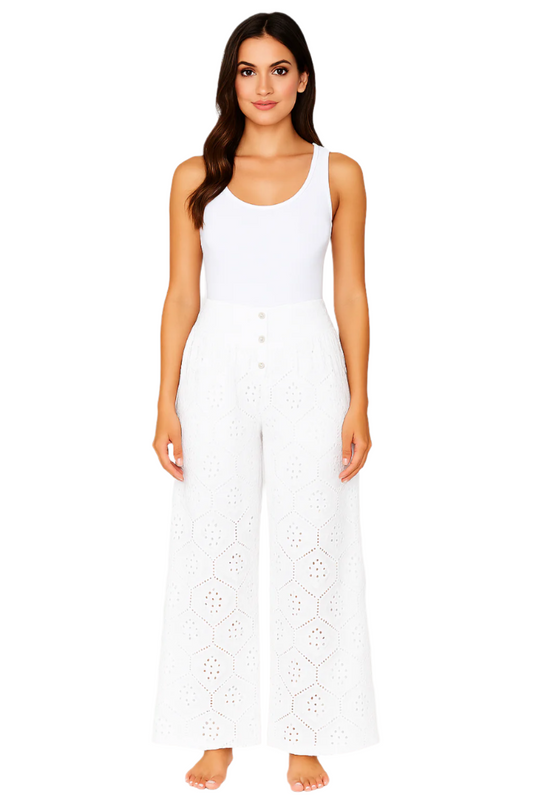 Ladies’ White Eyelet Button-Front Wide-Leg Pants - LCP3501 - Casual Tropical Wear