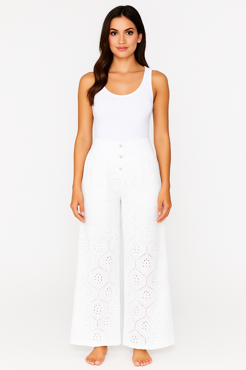 Ladies’ White Eyelet Button-Front Wide-Leg Pants - LCP3501 - Casual Tropical Wear