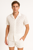 Men’s 2-Piece Crochet Cotton Set – Short Sleeve Button-Up Shirt & Matching Shorts (Available in Natural & White) - MSH3713
