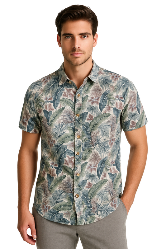 Men’s Tropical Leaf Print Button Down Shirt – Short Sleeve Casual Beach Top, 55% Cotton 45% Polyester- MCS3682 - Casual Tropical Wear