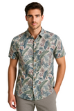 Men’s Tropical Leaf Print Button Down Shirt – Short Sleeve Casual Beach Top, 55% Cotton 45% Polyester- MCS3682