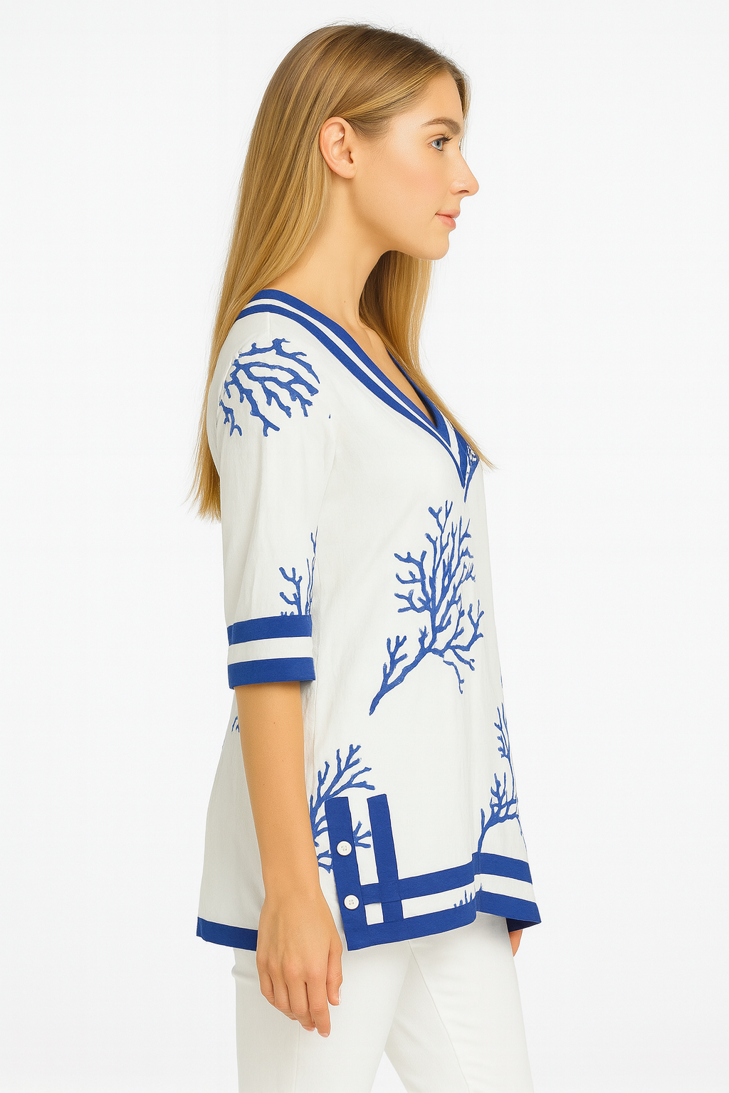 White & Royal Blue Coral Print Cotton Tunic – 100% Cotton Resort wear Top or Beach Cover-Up - LCT3694 - Casual Tropical Wear