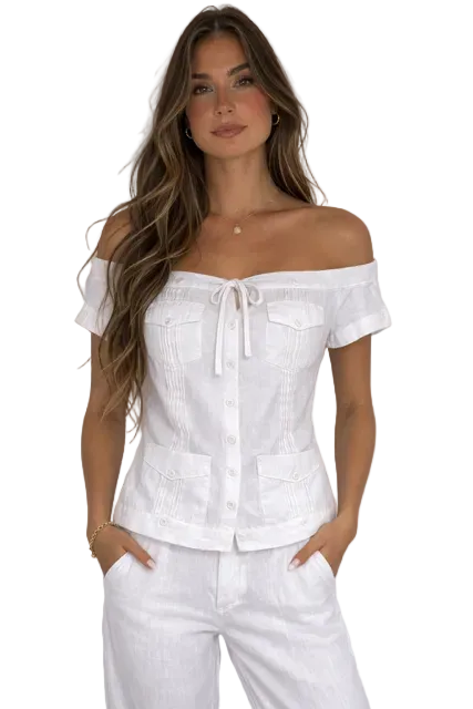 Women's Off-Shoulder Guayabera Linen Top – 100% Linen Button Front Summer Blouse | Resort & Vacation Wear | Available in 5 Colors- LLGB3007 - Casual Tropical Wear