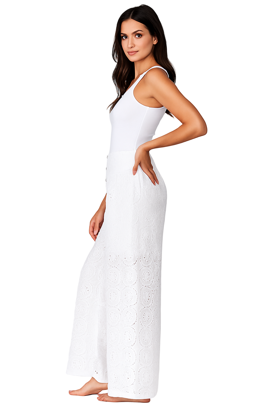 Ladies’ White Eyelet Button-Front Wide-Leg Pants - LCP3501 - Casual Tropical Wear