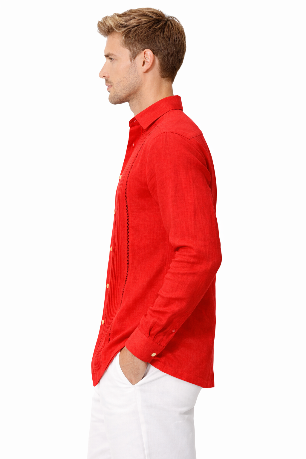 Bohio Men’s 100% Linen Pleated Long Sleeve Shirt | Lightweight Button-Up | Red & Natural - Casual Tropical Wear