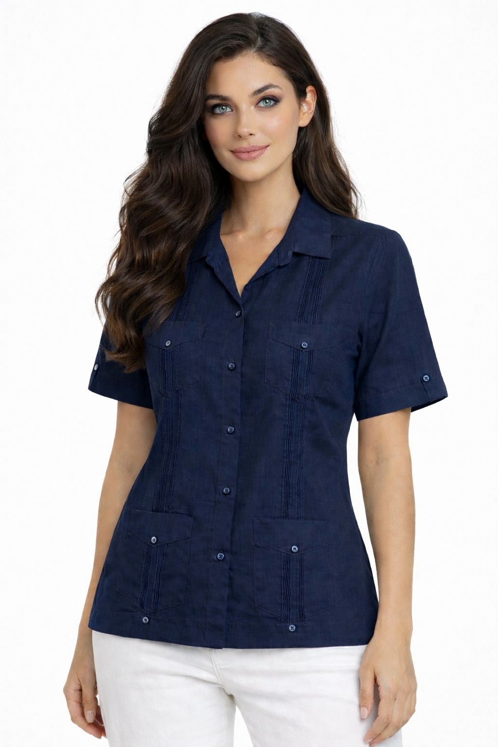 Women's 100% Linen Guayabera Shirt – Short Sleeve Button Down Tropical Blouse | Resort Wear Top | Available in 5 Colors- LLGB3008 - Casual Tropical Wear