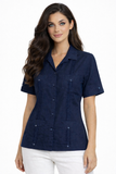 Women's 100% Linen Guayabera Shirt – Short Sleeve Button Down Tropical Blouse | Resort Wear Top | Available in 5 Colors- LLGB3008 - Casual Tropical Wear