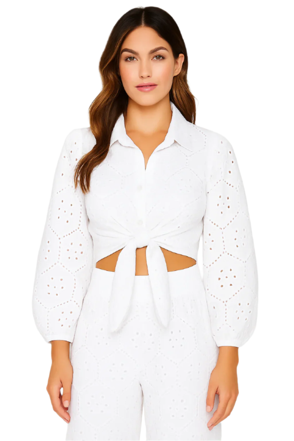 Women's White Eyelet Cotton Long Sleeve Tie-Front Top – LCB3118 - Casual Tropical Wear