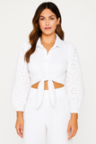 Women's White Eyelet Cotton Long Sleeve Tie-Front Top – LCB3118