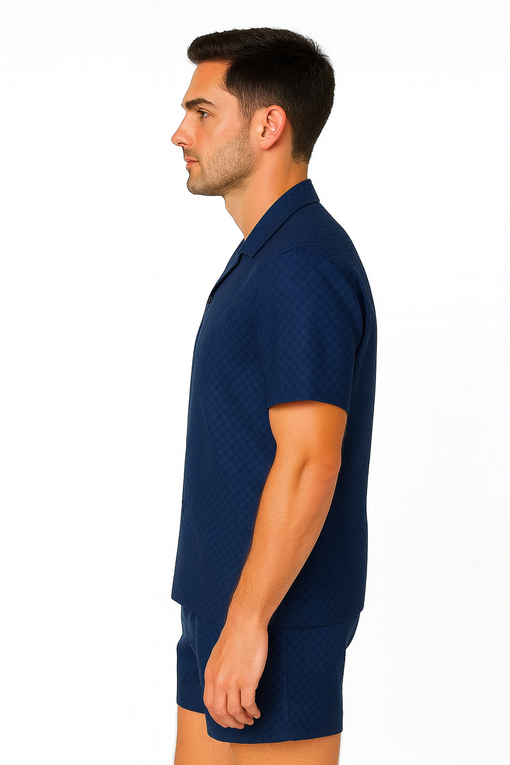 Men’s 2-Piece Textured Polyester Set – Short Sleeve Button-Up Shirt & Matching Shorts - MSH3714 - Casual Tropical Wear