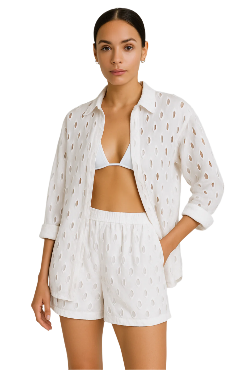 Women's 2-Piece Embroidered Eyelet Set – Button-Up Shirt & Shorts (White, Navy, Orange) - LCS3719 - Casual Tropical Wear