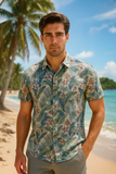 Men’s Tropical Leaf Print Button Down Shirt – Short Sleeve Casual Beach Top, 55% Cotton 45% Polyester- MCS3682