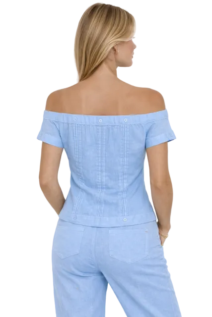 Women's Off-Shoulder Guayabera Linen Top – 100% Linen Button Front Summer Blouse | Resort & Vacation Wear | Available in 5 Colors- LLGB3007 - Casual Tropical Wear