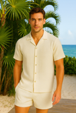 Men’s 2-Piece Textured Polyester Set – Short Sleeve Button-Up Shirt & Matching Shorts - MSH3714