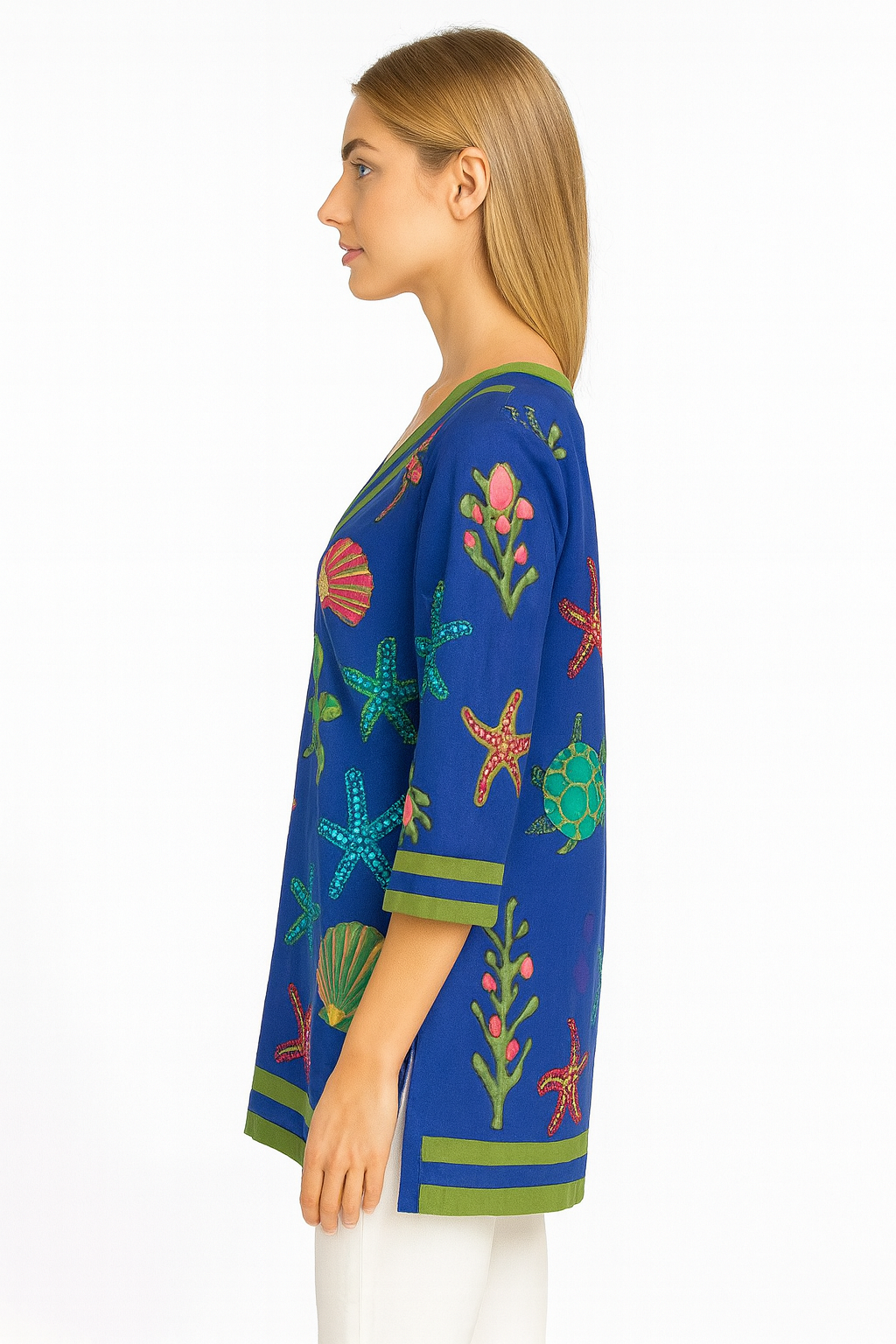 Royal Blue Sea Life Cotton Tunic – 100% Cotton Handcrafted Resort Wear Top with Turtles, Starfish & Coral Design - LCT3691 - Casual Tropical Wear
