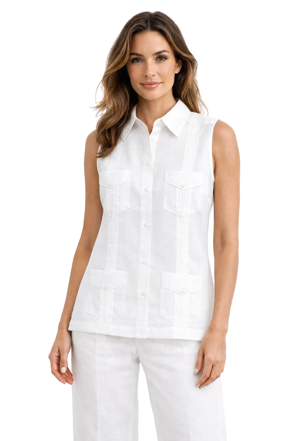 Azucar Ladies 100% Soft Linen Traditional (4) Pocket Guayabera Blouse in (5) Colors- LLGB3006 - Casual Tropical Wear