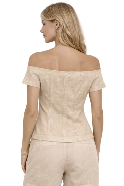 Women's Off-Shoulder Guayabera Linen Top – 100% Linen Button Front Summer Blouse | Resort & Vacation Wear | Available in 5 Colors- LLGB3007 - Casual Tropical Wear