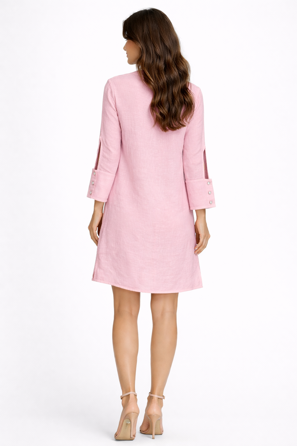Women’s Linen Shirt Dress – Lightweight Button-Front Dress in White & Pink - LLWD3733 - Casual Tropical Wear