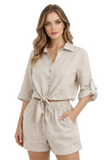 Women’s 100% Linen Tie-Front Button-Up Top – Natural & White - LLWB3739 - Casual Tropical Wear