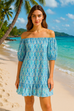 Blue Seahorse Print Off-Shoulder Cotton Dress – 100% Lightweight Resortwear - LCD3587