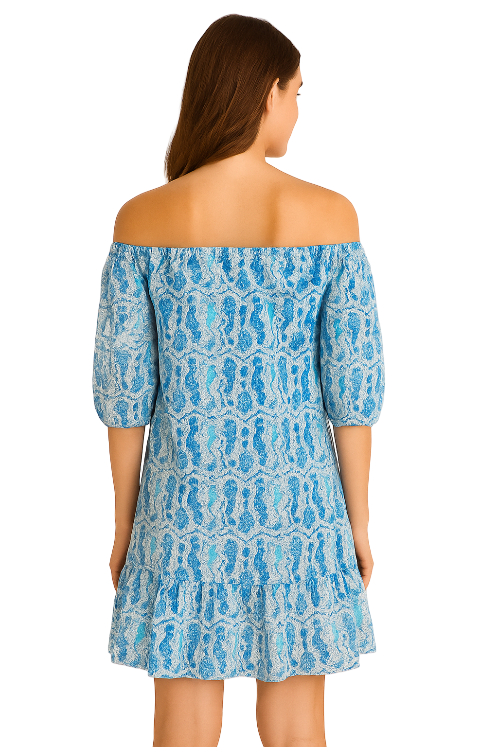 Blue Seahorse Print Off-Shoulder Cotton Dress – 100% Lightweight Resortwear - LCD3587 - Casual Tropical Wear