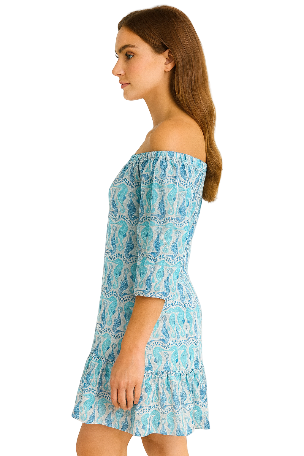 Blue Seahorse Print Off-Shoulder Cotton Dress – 100% Lightweight Resortwear - LCD3587 - Casual Tropical Wear