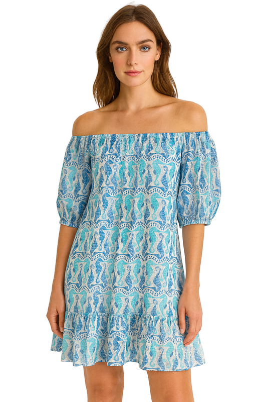 Blue Seahorse Print Off-Shoulder Cotton Dress – 100% Lightweight Resortwear - LCD3587 - Casual Tropical Wear