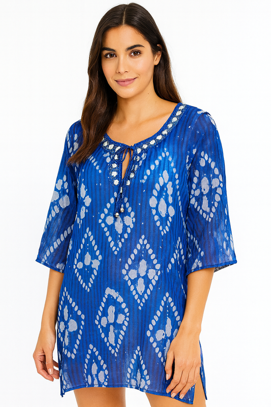 Blue Tie-Dye Cotton Tunic Cover-Up – Lightweight Resort Wear for Women - Casual Tropical Wear