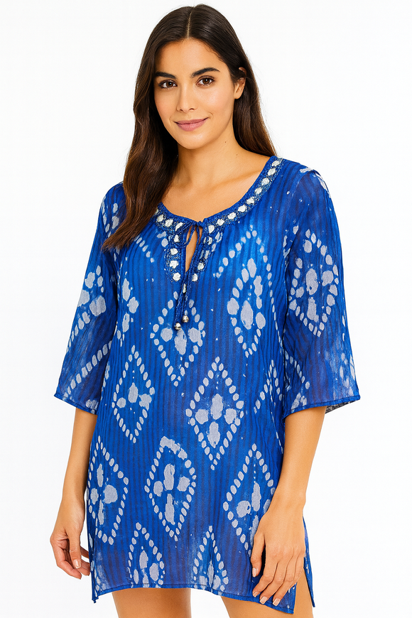 Blue Tie-Dye Cotton Tunic Cover-Up – Lightweight Resort Wear for Women