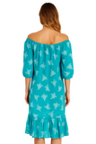 Women’s Turquoise Sea Turtle Print Cotton Tunic Dress – 100% Lightweight Gauze Beach Cover Up, Off-Shoulder Resort Wear- LCD3588