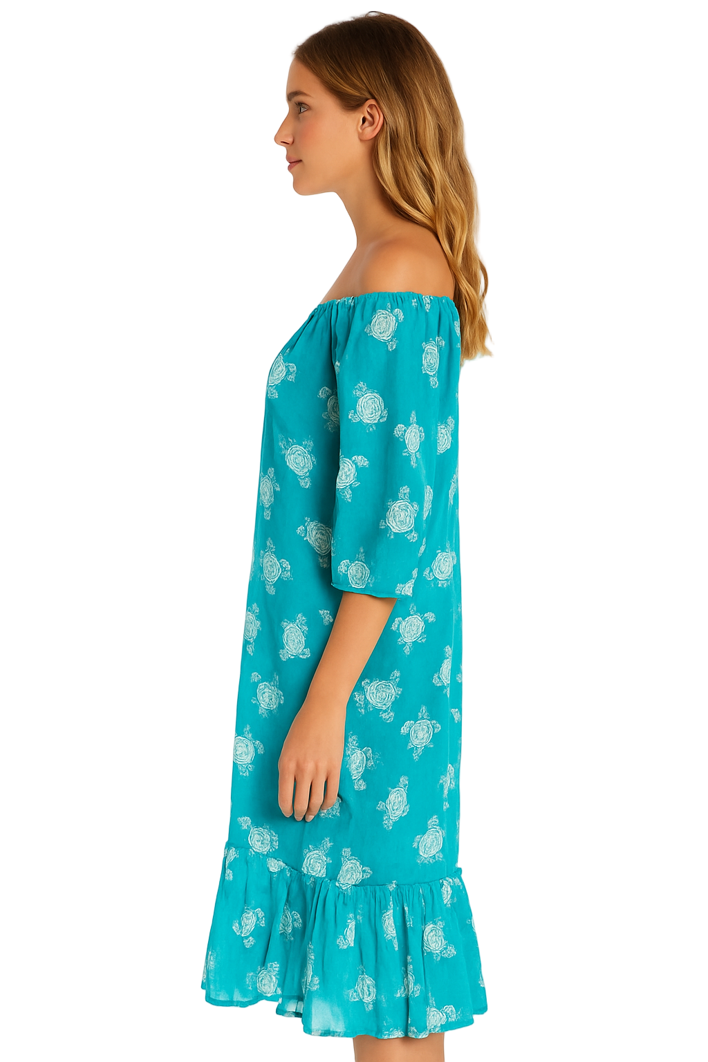 Women’s Turquoise Sea Turtle Print Cotton Tunic Dress – 100% Lightweight Gauze Beach Cover Up, Off-Shoulder Resort Wear- LCD3588 S/M