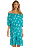 Women’s Turquoise Sea Turtle Print Cotton Tunic Dress – 100% Lightweight Gauze Beach Cover Up, Off-Shoulder Resort Wear- LCD3588