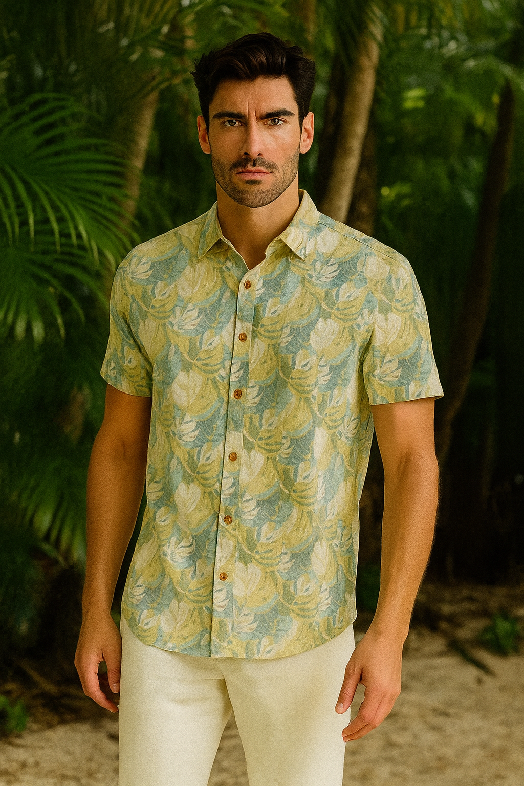 Men’s Tropical Leaf Print Button-Up Shirt – Short Sleeve Casual Resort Wear (55% Cotton, 45% Polyester) - MRS3555 - Casual Tropical Wear
