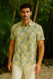 Men’s Tropical Leaf Print Button-Up Shirt – Short Sleeve Casual Resort Wear (55% Cotton, 45% Polyester) - MRS3555