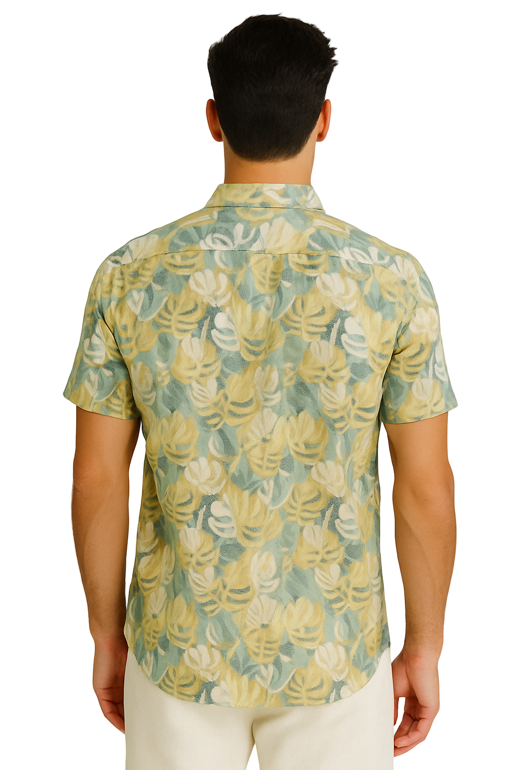 Men’s Tropical Leaf Print Button-Up Shirt – Short Sleeve Casual Resort Wear (55% Cotton, 45% Polyester) - MRS3555 - Casual Tropical Wear